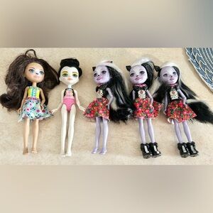 Enchantimals dolls lot of 5 sage skunk/cherish cheetah/preena penquin